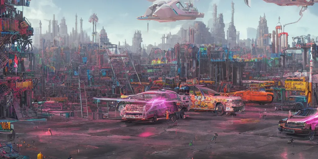 Image similar to hyperrealistic matte painting of aztec temples in a future environment with flying cars, mechanical features and neon, graffiti, scaffolding, smog, destruction by filip hodas, beeple, 4 k, trending on cgsociety