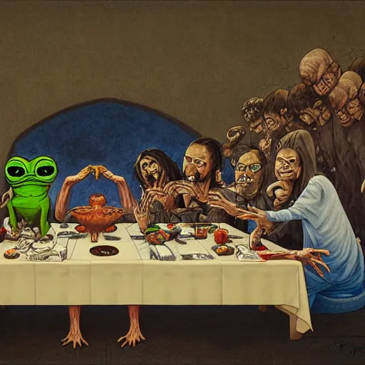 Image similar to pepe the frog eating at last supper with disciples, bitcoin and crypto graphs and charts in walls, cinematic horror by chris cunningham, junji ito, aleksandra waliszewska, richard corben, norman rockwell, highly detailed, vivid color, beksinski painting, part by adrian ghenie and gerhard richter. art by takato yamamoto. masterpiece