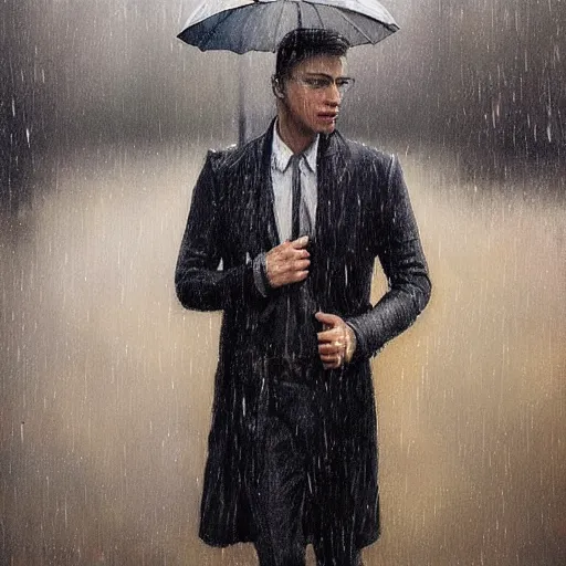 Image similar to a beautiful toned man in the rain, aesthetic, oil painting, pale colors, high detail, 8 k, wide angle, trending on artstation,
