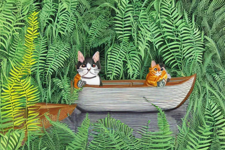 Prompt: cat in a boat, ferns, jungle, night, stars, highly detailed, unreal engine render concept art, style of howard arkley