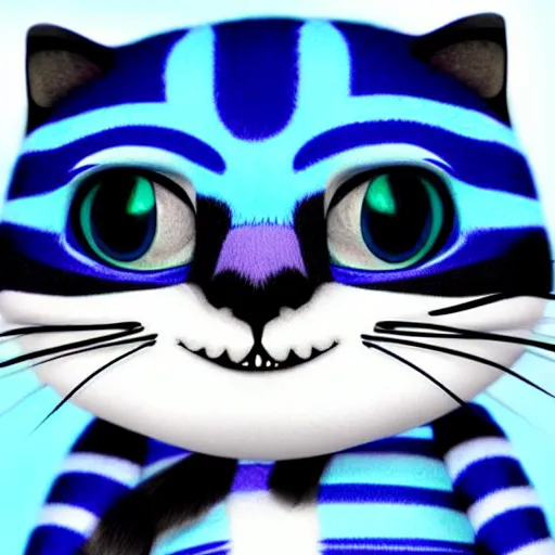 Image similar to cute blue striped cheshire cat. an adorable cat with light blue stripes, blue eyes and a playful smile. stunning digital art by eva balloon. fluffy, soft