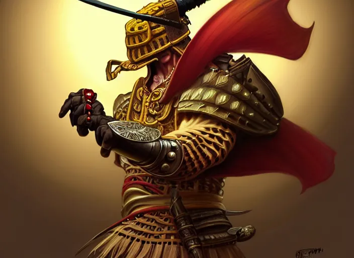 Image similar to a anthropomorphic banana wearing samurai armor, diffuse lighting, fantasy, intricate, elegant, highly detailed, lifelike, photorealistic, digital painting, artstation, illustration, concept art, smooth, sharp focus, art by frank frazetta and marco bucci and loish and rossdraws and artgerm and alphonse mucha