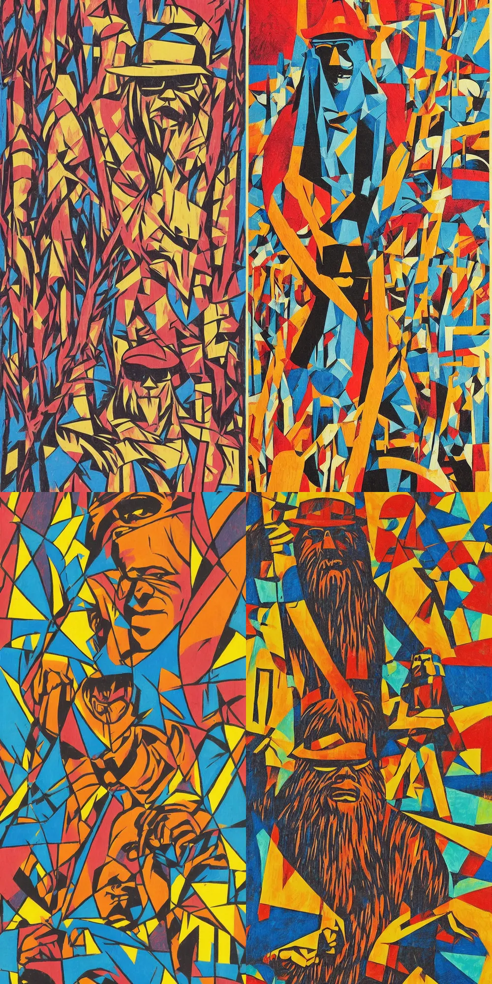 Prompt: woodcut print, sasquatch, bigfoot, male model wearing sunglasses, wearing flatbill hat, shepard fairey artwork, trees, colorful, cubism poster art in the style of georgy kurasov