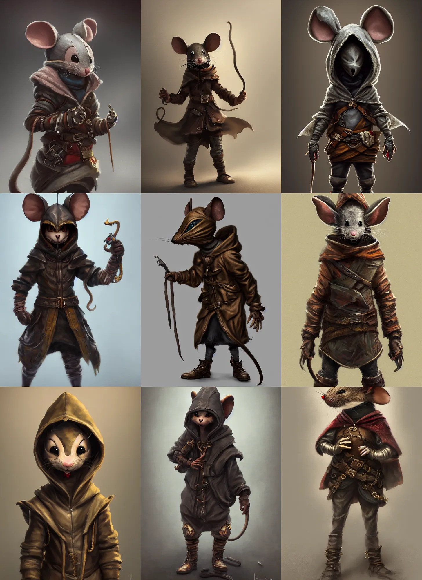 Prompt: full body concept, very fine art oil painting of a cute and sneaky D&D style anthropomorphic mouse hooded thief with a very beautiful face wearing full intricate clothing, ultra detailed, octane render, 4K, dystopian, micro details