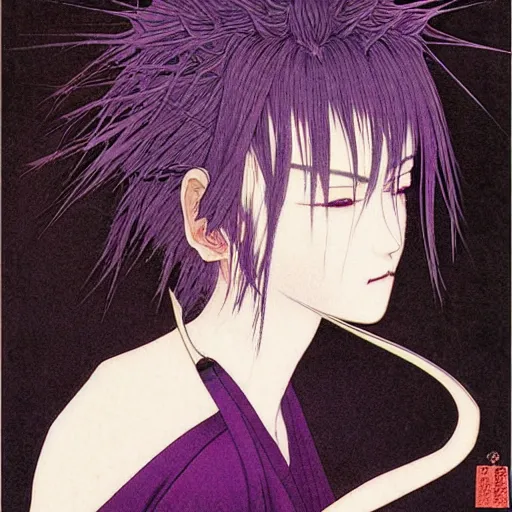 Image similar to prompt : portrait of muse soft light painted by takato yamamoto, purple rinnegan eyes, inspired by ninja anime, smooth face feature, intricate oil painting, high detail, sharp high detail, manga and anime