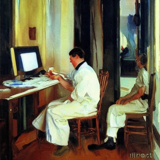 Prompt: sorolla's painting of the bioinformatician compiling code