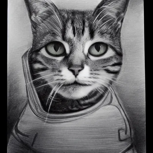 Image similar to a cat wearing a spacesuit, photorealistic pencil art