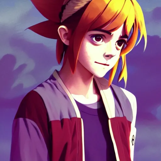 Image similar to beautiful boyish emma watson in majora's mask, wearing oversized mayan bomber jacket with overalls and leotard, bulky poofy bomber jacket with mayan patterns, aztec street fashion, gapmoe yandere grimdark, trending on pixiv fanbox, painted by greg rutkowski makoto shinkai takashi takeuchi studio ghibli, akihiko yoshida