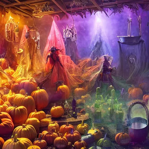 Image similar to colorful potions at the halloween harvest festival, volumetric lighting, 8 k octane beautifully detailed render, post - processing, extremely hyper - detailed, intricate, epic composition, cinematic lighting, masterpiece, trending on artstation, detailed detailed detailed, masterpiece, stunning art by anders zorn, wonderful masterpiece by greg rutkowski, beautiful cinematic light,