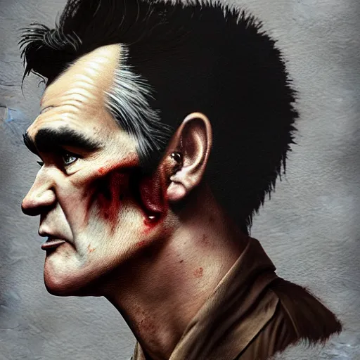 Prompt: side view of morrissey as a zombie with cuts and with a large quiff and thick eyebrows and warm brown lighting, 7 days to die zombie, realistic proportions, fine art, award winning, intricate, elegant, sharp focus, cinematic lighting, digital painting, 8 k concept art, art by brom, art by michael hussar, 8 k