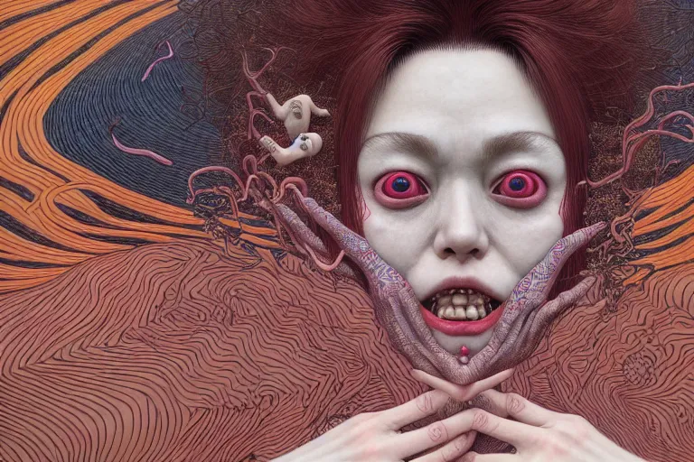 Prompt: realistic detailed image of a woman losing her sanity, conjuring psychedelic background, part by takato yamamoto, part by alex gray, ross tran, james jean, ultra realistic, octane render, highly detailed, 8 k, trending on artstation, cosmic, symmetry, masterpiece