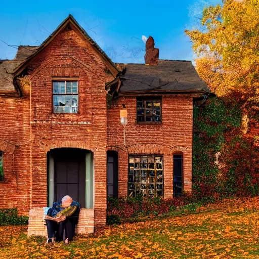 Prompt: impossibly beautiful photo of a brick house, with overgrown vines and foliage, all turning colors in autumn, with elderly couple sitting out front, relaxing at Golden hour, 4k, super detailed textures, high dynamic range