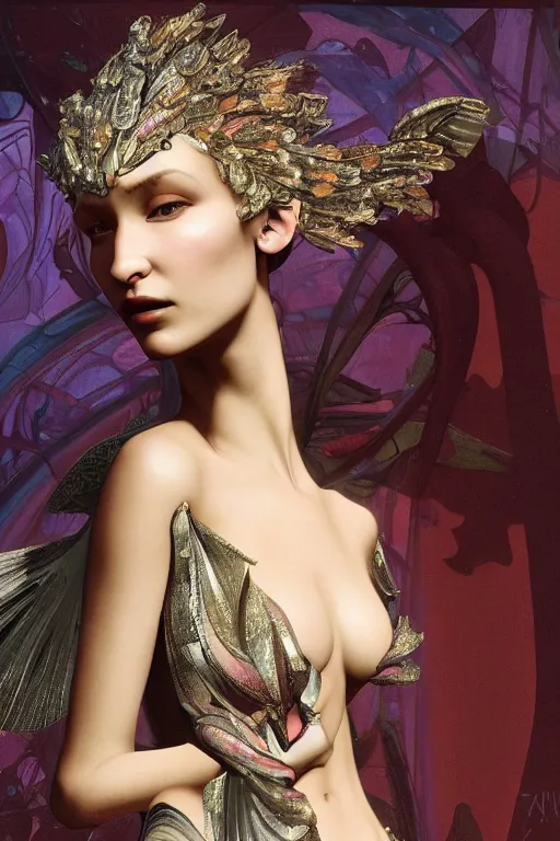 Image similar to a highly detailed painting of a beautiful alien goddess bella hadid in iris van herpen dress schiaparelli in diamonds in style of alphonse mucha art nuvo made in unreal engine 4