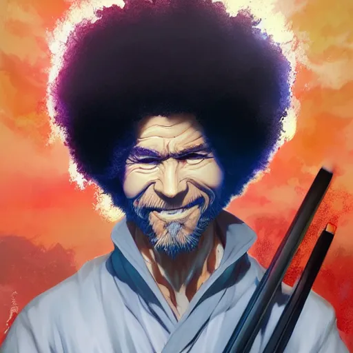 Image similar to anime portrait of Bob Ross as a shaman yedi using dark force to eliminate trump as an anime antagonist by Stanley Artgerm Lau, WLOP, Rossdraws, James Jean, Andrei Riabovitchev, Marc Simonetti, and Sakimichan, trending on artstation