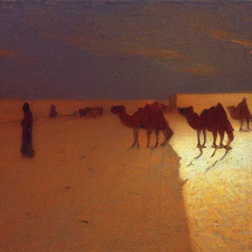 Image similar to camels at timbuktu, by henry ossawa tanner, at sunrise