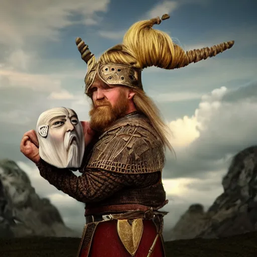 Prompt: a viking holding donald trump head, highly detailed, 8 k