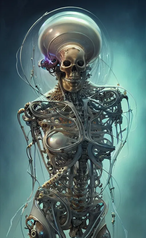 Prompt: Cyborg biomechanical jellyfish skeleton, sci-fi, highly detailed, digital painting, artstation, concept art, smooth, sharp focus, illustration, art by artgerm and greg rutkowski and alphonse mucha