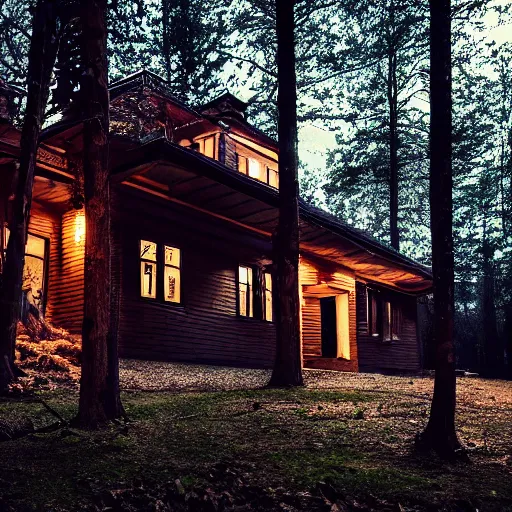 Prompt: luxury house, cinematic, filmic, photography, vignette, dark, 4 k, 8 k, ultra - hd, moody lighting, in the woods