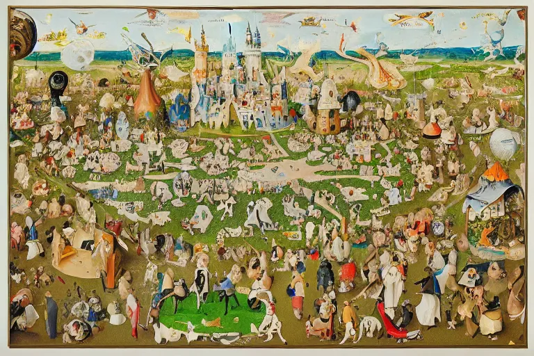 Image similar to an elaborate and dense painting of a kids road carpet map, detailed, made of alcohol ink on parchment and penned illustrations, by wes anderson and ( ( ( ( ( hieronymus bosch ) ) ) ) ) and geoff darrow!!!!!