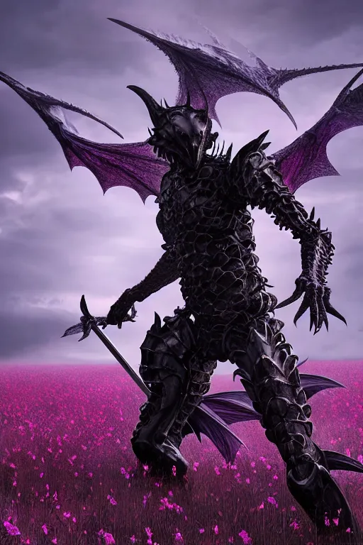 Image similar to hyperrealistic neo - gothic human dragon hybrid, exoskeleton armor, fighting with katana, field of pink flowers, highly detailed digital art masterpiece, vitaly bulgarov dramatic dark teal light, ground angle hd 8 k, sharp focus