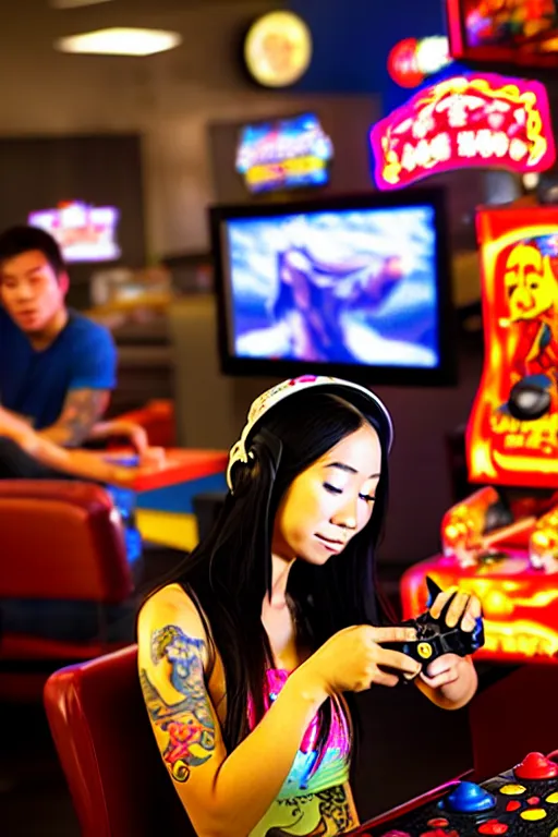 Image similar to full view, from a distance, of taiwanese girl with tattoos, wearing a cowboy hat, playing video games in arcade, highly detailed