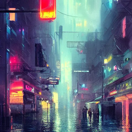 Prompt: concept art of a city flooded with neon lights, by greg rutkowski