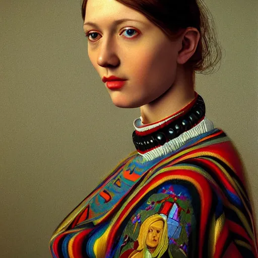 Prompt: hyperrealism photography in caravaggio style quntum computer simulation visualisation of parallel universe sitcom scene with beautiful detailed ukrainian woman kniting with detailed face wearing ukrainian traditional shirt and wearing retrofuturistic sci - fi neural interface designed by josan gonzalez. hyperrealism photo on pentax 6 7, by giorgio de chirico volumetric natural light rendered in blender