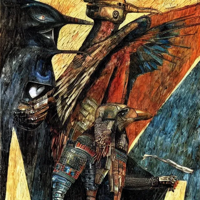 Image similar to artwork by Enki Bilal and Dave McKean showing Horus the falcon headed egyptian god