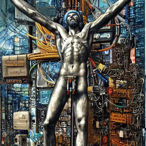 Image similar to a man crucified on a cybernetic sci - fi cross, full of computer elements and cables, symbolic, intricate, hyperdetailed, religious, painting, cyberpunk