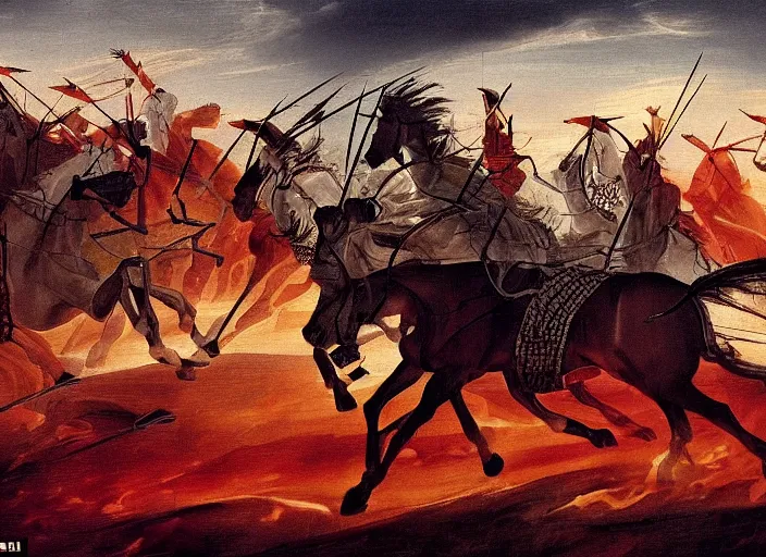 Prompt: white horse wounded heavily by multiple arrows in the aftermath of a battle in the middle of a desert and in the background there are burning tents and women covered in black veil and the sky is dark and filled with red clouds and a sun in the horizon, artistic, intricate details, islamic history, dramatic