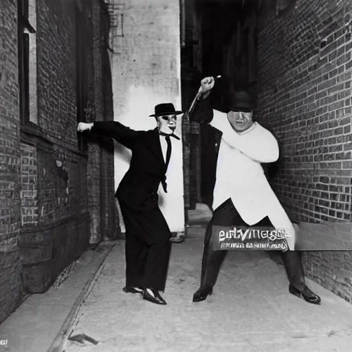 Image similar to old black and white photo, 1 9 2 5, depicting batman fighting a al capone in black tie and suit in an alley of new york city, rule of thirds, historical record