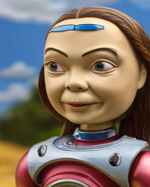 Image similar to closeup face profile portrait of a tin toy greta thunberg as a spacegirl standing next to a saucer - shaped vehicle, bikini, depth of field, zeiss lens, fashion photoshoot by nicoletta ceccoli, mark ryden, lostfish, breathtaking, detailed and intricate environment, 8 k resolution, extremely detailed, beautiful, establishing shot, artistic, hyperrealistic, octane render