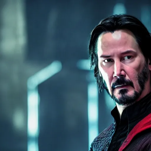 Image similar to Keanu Reeves as Dr. Strange, mcu, concept art, high definition photography, professional photography, 8k