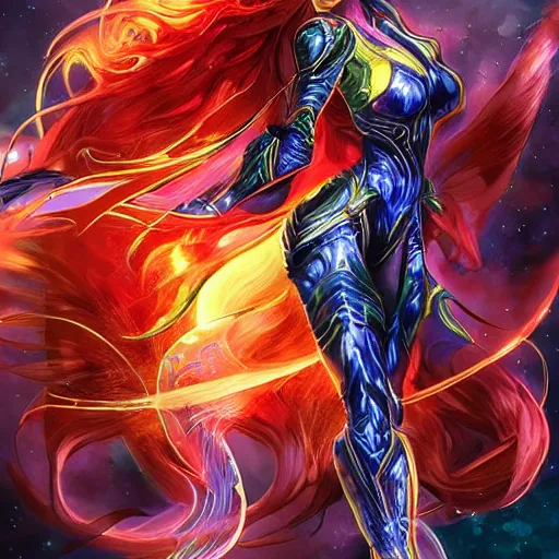 Image similar to front portrait hands behinds pose of attractive Starfire with ginger wavy hair, hands behind her pose!, Intricate overlay flames imagery , D&D!, fantasy style, sharp focus!, ultra detailed, art by Artgerm and Peter Andrew Jones, WLUP