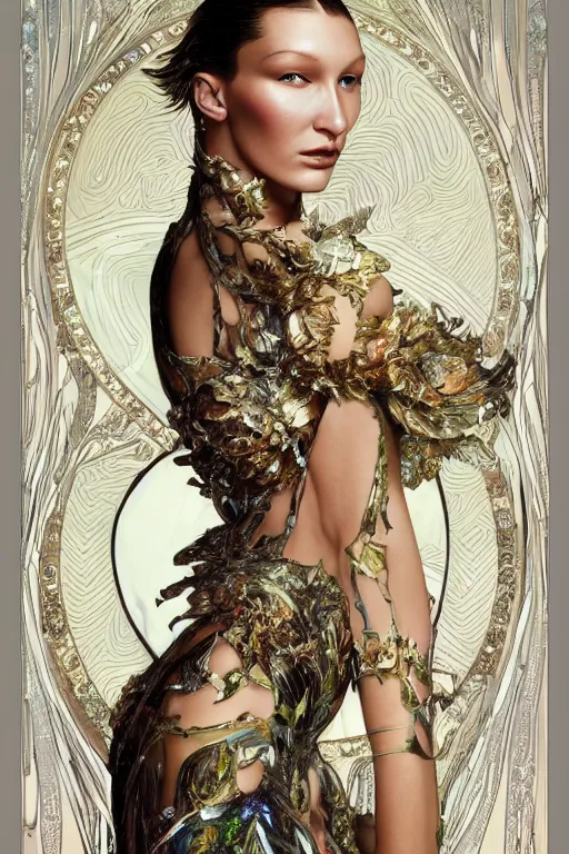 Image similar to a highly detailed painting of a beautiful alien goddess bella hadid in iris van herpen dress schiaparelli in diamonds in style of alphonse mucha art nuvo octane render