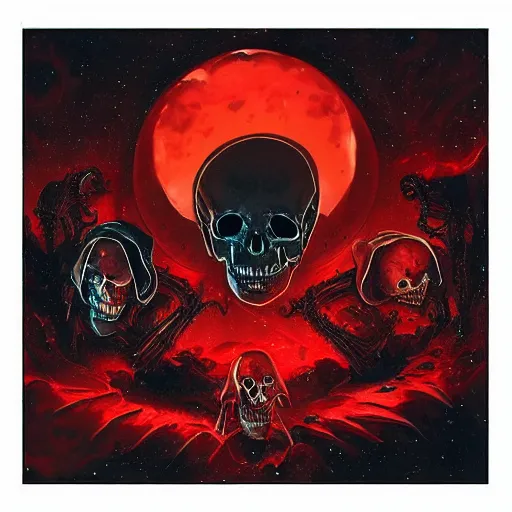 Image similar to alien skull and skeletons in darkness cosmic horror scifi cover style menacing scary uncanny eerie style heavy brushstrokes dramatix album cover red