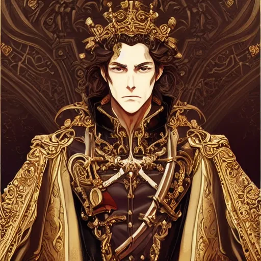 Image similar to portrait of a king, baroque style, elegant, beautiful, mesmerizing, concept art, fancy clothing, highly detailed, artstation, behance, deviantart, inspired by innocent manga, inspired by castlevania concept art, trending, ayami kojima, shinichi sakamoto