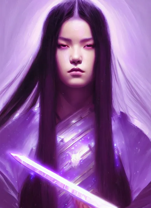 Image similar to portrait of a beautiful woman with long black hair wearing sci - fi samurai armor, holding a katana made from glowing purple energy and runes, intricate, elegant, glowing lights, highly detailed, digital painting, artstation, concept art, smooth, sharp focus, illustration, art by wlop, mars ravelo and greg rutkowski