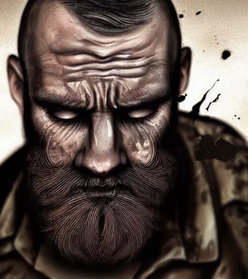 Image similar to portrait of muscular, tired and alcoholic 3 0 - year - ol 5 grieving man with short darkblonde hair, serious sad look in his eyes, looking down, dirty beard, blue eyes, crying tears, wearing dirty soldier uniform, on the desert, sad atmosphere, hyper realistic face, character art, art by mark brooks, cryengine, trending on artstation, digital art