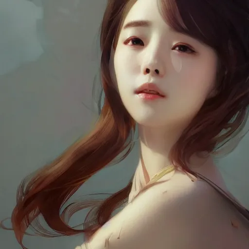 Prompt: IU, Korean Idol, Korean Artist, highly detailed, digital painting, artstation, concept art, smooth, sharp focus, illustration, ArtStation, art by greg rutkowski and alphonse mucha