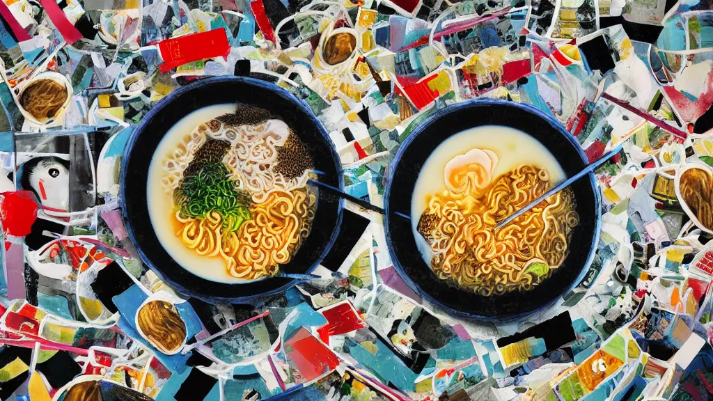 Prompt: an bowl of ramen, japan, a collage painting, in the style of wes anderson, lola dupre, david hockney, isolated on negative white space background dark monochrome neon spraypaint accents volumetric octane render