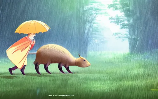 Prompt: a young girl with her large pet capybara walking through the forest, raining, holding umbrella, side view, art by hayao miyazaki, studio ghibli film, 4k, hi res, high detail