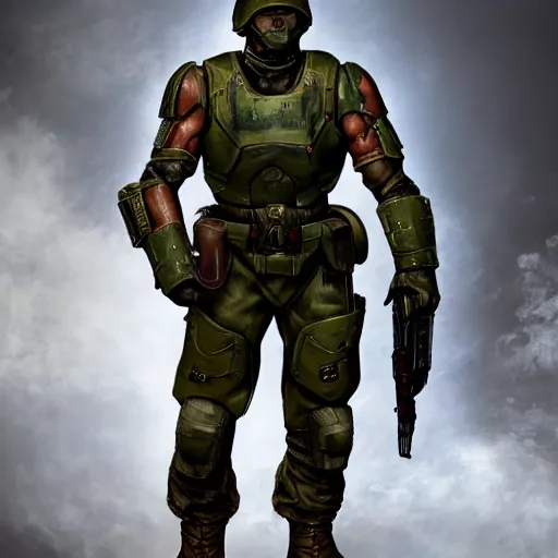 Image similar to doom slayer as ww 2 american soldier, photography, full height, front view, golden ratio