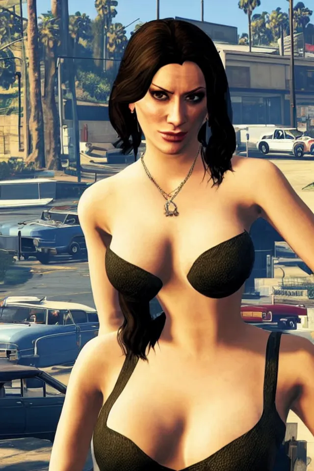 Image similar to A GTA 5 game loading screen featuring Monica Belluci