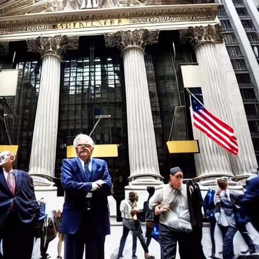 Image similar to warren buffet as spoderman standing outside wall street stock exchange, reality, realistic, detailed, 8 k, award winning, wide shot,