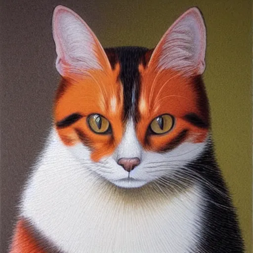 Image similar to a beautiful drawing of a calico cat, orange, black and white fur colors, by quint buchholz
