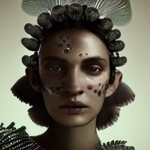 Image similar to a close - up shot of a brown woman wearing an armor made of neonjellyfishes. soft lighting. fragile. haunting eyes!! coherent face!! no makeup!! very muted colors. by ray caesar. by louise dahl - wolfe. by andrea kowch. surreal photography