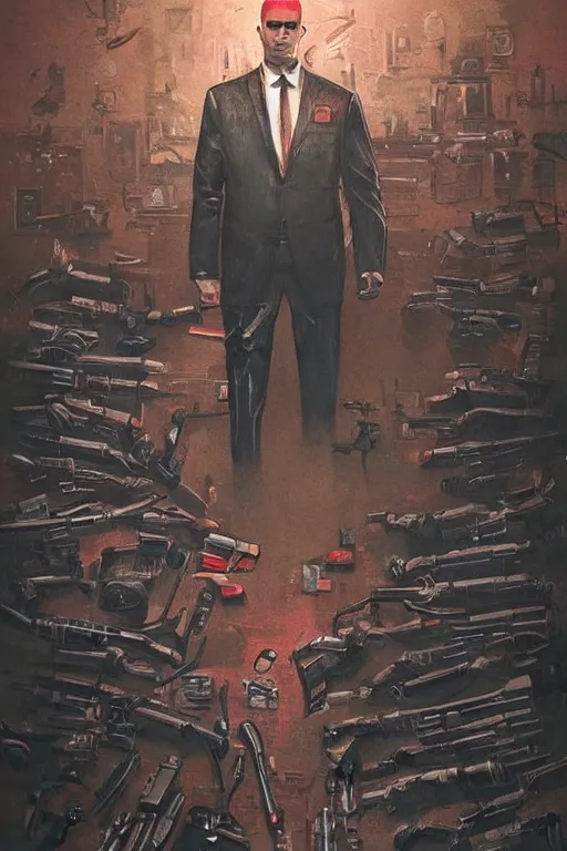 Image similar to an intricate and expressive full body portrait of agent 4 7 from hitman in a hallway full of guns, dark background, red rim light, highly detailed, digital art, artstation, concept art by giger stalenhag