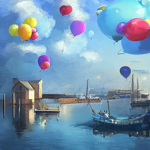 Image similar to digital art of a maritime port in bretagne with giant birthday balloons, artstation cgsociety masterpiece