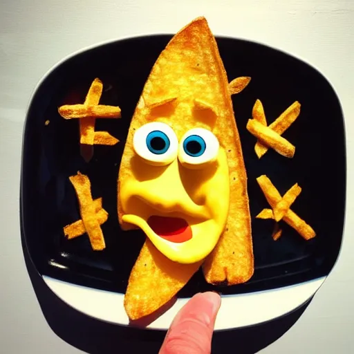 Image similar to photo of [ a single salted french fry chip ] shaped like that looks like stephen fry as a pixar character hybrid intercross mix cinematic lighting